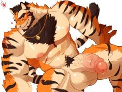 1boy abs animal_ears bara chest_hair claws closed_mouth commentary_request erection furry furry_male gimpalchil1 heart highres jewelry korean_commentary lee_taeho_(xxl) looking_at_viewer male_focus muscular muscular_male navel necklace nipples pectorals penis precum scar scar_on_face scar_on_mouth scar_on_shoulder signature sitting smile tail testicles tiger_boy tiger_ears tiger_stripes tiger_tail white_background xxl_woofia