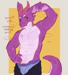absurd_res anthro armpit_fetish armpit_musk bedroom_eyes bite_mark blep bodily_fluids breath bulge claws clothed clothing ear_piercing eyebrows frill_(anatomy) fuzzysmore_(character) genital_fluids genitals gold_(metal) gold_jewelry hi_res horn jewelry kobold looking_at_viewer male multicolored_body multicolored_scales musk narrowed_eyes navel orange_claws orange_horn partially_clothed penis piercing precum purple_body purple_scales red_eyes red_penis scales scalie scar seductive sheathed_tapering_penis shipupp simple_background solo speech_bubble sweat sweatdrop tongue tongue_out two_tone_body two_tone_scales underwear undressing ventral_scales white_eyebrows