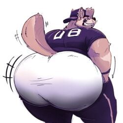 anthro big_ass butt canine cap dog eye_black football_player football_uniform furgonomic_headwear furry grin hair headwear huge_ass jock looking_at_viewer looking_back male overweight overweight_male pants_down smile smile_at_viewer tail underwear whiskers wwwonderpuff