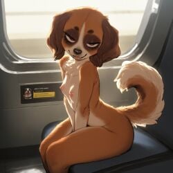 ai_generated anthro artist_request bedroom_eyes brown_fur dog_ears dog_girl dog_tail furry open_mouth piercing purple_eyes sitting small_breasts