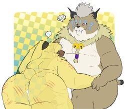 after_anal after_sex ahoge angoramon anthro bandai_namco belly big_butt bite_mark blush bodily_fluids brown_body brown_fur butt butternutworm cougarmon cum cum_drip cum_in_ass cum_inside digimon digimon_(species) dripping duo erection facial_markings foreskin fur genital_fluids genitals hair hair_over_eyes head_markings hi_res male male/male markings overweight penis requesting rough_sex scratch_mark scratches sex sex_request yellow_body yellow_fur