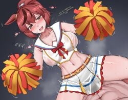 1boy 1girl @_@ ^^^ animal_ears belt blush bow breasts brown_eyes brown_hair cheerleader commentary commission covered_nipples covered_penetration dutch_angle girl_on_top hands_up heart highres holding holding_pom_poms horse_ears horse_girl large_breasts midriff navel newbienoodles nice_nature_(run_&_win)_(umamusume) nice_nature_(umamusume) open_mouth pom_pom_(cheerleading) ponytail red_bow see-through_clothes see-through_shirt sex shirt skirt solo_focus sweat trembling umamusume white_shirt white_skirt yellow_belt