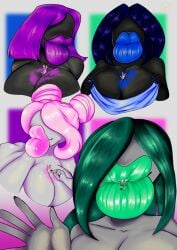 2026 5_fingers absurd_res anthro between_breasts big_breasts black_body blue_hair breasts cleavage clothed clothing digital_drawing_(artwork) digital_media_(artwork) erection eyeless female fingers genitals grey_body group hair hi_res huge_breasts humanoid humanoid_genitalia humanoid_penis hyper hyper_lips in_mouth kiss_mark kissing lagomorph larger_female larger_humanoid leporid lips lipstick long_ears loyuita macro makeup male male/female mammal micro nude partially_inside penis pink_hair puckered_lips purple_hair rabbit simple_background size_difference smaller_anthro smaller_male smile thick_lips