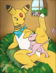 ampharos backsack balls black_body black_border black_fur border braixen brown_eyes cloud cyan_scarf dipstick_ears duo ear_markings eyes_closed female feral foxwithhat fur generation_1_pokemon generation_2_pokemon generation_6_pokemon genitals happy happy_sex head_gem hi_res hooves larger_female leaf legendary_pokemon looking_down looking_down_at_partner makeshift_bed male markings mew_(pokemon) multicolored_ears mystery_dungeon_badge nintendo palm_tree pink_body pink_fur plant pokemon pokemon_(species) pokemon_mystery_dungeon pupils raised_leg scarf sex shrub size_difference sky smaller_male spike_chunsoft tail tail_motion tailwag tree white_body white_fur white_hooves window yellow_body yellow_fur