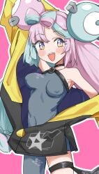 :d blush happy iono_(pokemon) leotard nipple_bulge pokemon pokemon_sv sharp_teeth skin_tight small_breasts smile