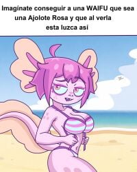 anthro axolotl axolotl_girl beach beach_background big_breasts bikini bra clouds color fanart female_only freckles hi_res holding_bra imagining looking_at_viewer panties philelmago pink_body pink_eyes pink_hair seductive_look signature solo_female spanish spanish_text thighs vitzy_(vitzypie)