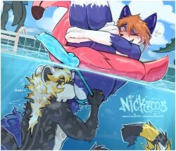 affax anal animal_genitalia animal_penis anthro anthro_on_anthro big_penis blue_body blue_fur blue_penis blush border canid canine canine_genitalia canine_penis cheetah clothing digit_ring duo erection exhibitionism felid feline finger_ring fluffy fluffy_tail fox fur genitals grey_body grey_fur hi_res inflatable inner_tube jewelry male male/male male_anthro mammal nick7005 oral penis public public_pool public_sex rimming sex speedo swim_ring swimming_pool swimwear tail underwater underwater_sex water white_border