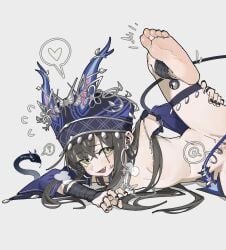 1girl 1other :d ? ankle_bell areola_slip armpit_crease bandaged_arm bandaged_leg bandages barefoot black_nails blue_sleeves blush borrowed_character breasts brown_hair clitoris commentary detached_sleeves dot_nose eflo_(794753336) fang feet foot_focus foreshortening groin hair_between_eyes hat heart highres holding_own_leg jewelry leg_up long_hair looking_at_viewer lying nail_polish navel nude on_side open_mouth original out-of-frame_censoring presenting_foot pubic_hair pussy pussy_out_of_frame ring simple_background small_breasts smile snake soles spoken_heart spoken_question_mark steam stomach sweat sweatdrop tail tail_ornament tail_ring thigh_strap thighs toenail_polish toenails toes white_background yellow_eyes