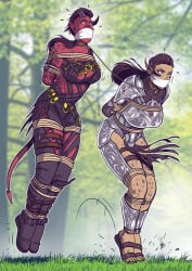 2d 2girls athletic athletic_female baldur's_gate baldur's_gate_3 black_hair bondage braided_hair broken_horn brown_hair burn_scar clothed_female collar collar_and_leash collared connected_collars dressed_female dungeons_and_dragons fantasy forgotten_realms gagged githyanki githyanki_female green-skinned_female green_skin horn horns jumping karlach lae'zel larian_studios leash_and_collar medieval_fantasy orange_eyes ourdoors predicament_bondage red-skinned_female red_skin rope_bondage shaved_side sweat tail tiefling tiefling_girl tiptoes war_paint yellow_eyes
