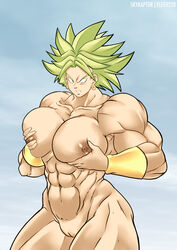 1girls abs breast_squeeze breasts cleavage dragon_ball dragon_ball_super earrings elee0228 extreme_muscles female female_only green_hair kale kale_(berserker) large_breasts legendary_super_saiyan light-skinned_female light_skin muscles muscular muscular_female nipples nude pussy saiyan short_hair skyraptor solo spiky_hair super_saiyan text thick_thighs watermark white_eyes wide_hips