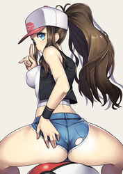 1girls ass baseball_cap blue_eyes blush breasts brown_hair crop_top cutoffs dat_ass denim denim_shorts female female_only from_behind hand_on_ass hat hilda_(pokemon) large_breasts long_hair looking_back midriff nagase_haruhito nintendo poke_ball pokemon pokemon_bw ponytail short_shorts shorts simple_background solo squatting thick_thighs thighs torn_clothes torn_shorts