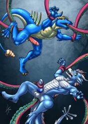 abs anal anal_penetration anthro athletic athletic_anthro athletic_male balls blue_body blue_penis dragon duo erection fangs genitals glistening glistening_eyes green_eyes hi_res horn hufnaar knot male male_anthro mythological_creature mythological_scalie mythology nude oral oral_penetration pecs penetration penis questionable_consent red_penis ridged_penis scalie simple_background teeth tentacle_around_leg tentacle_around_penis tentacle_in_ass tentacle_in_mouth tentacle_penetration tentacles white_balls white_body white_horn yellow_balls yellow_body yellow_eyes
