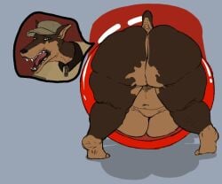 angry anthro ashley_(cwpm) big_breasts big_butt breasts butt canid canine canis captain_warrington's_play_maze dobermann domestic_dog elangelote fast_food_uniform mammal pinscher solo thick_thighs zed_technician_games