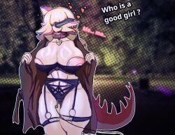 abs absurd_res anthro areola aroused big_areola big_breasts biped blindfold blonde_hair bodily_fluids bone_frill bra breasts brown_clothing brown_coat brown_topwear cavemanon_studios clothed clothing coat collar colored detailed_background dialogue dinosaur dog_tags dripping eddodoodle english_text female fingers frill_(anatomy) front_view garter_belt garter_straps genital_leash genital_piercing genitals glistening glistening_breasts good_girl hadrosaurid hair heart_symbol hi_res huge_filesize humanoid_genitalia humanoid_hands humanoid_vulva i_wani_hug_that_gator leash lingerie long_hair mia_moretti navel night nipples non-mammal_breasts non-mammal_navel non-mammal_nipples offscreen_character open_clothing open_coat open_mouth open_topwear ornithischian ornithopod outdoor_nudity outline panties pantsless_anthro pantsless_female parasaurolophus park partially_clothed_anthro partially_clothed_female piercing pink_body plant portrait praise prehistoric_species purple_bra purple_clothing purple_panties purple_underwear reptile ring_piercing saliva saliva_drip saliva_on_tongue scalie shaded shelf_bra shirtless_anthro shirtless_female skimpy solo spiked_tail spikes spikes_(anatomy) standing tail talking_to_another text thick_thighs three-quarter_portrait tongue tongue_out topwear tree underwear vulva vulva_piercing vulva_ring white_outline