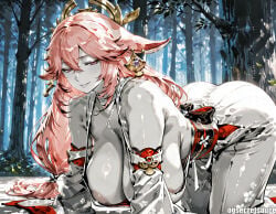 1girl ai_generated all_fours animal_ears areola_slip ass bare_shoulders breasts detached_sleeves earrings fox_ears hair_between_eyes hair_ornament hanging_breasts japanese_clothes jewelry large_breasts long_hair looking_at_viewer nipples ogsecretsauce outdoors patreon_username pink_hair questionable smile solo tree yae_miko