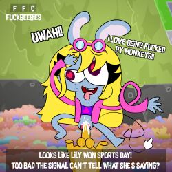 1boy 1girl barefoot bilby blonde_hair blue_fur boj_(tv_series) cbeebies english_text facepalm freckles highres ibispaint_(medium) jacket lily_(boj) long_eyelashes long_hair long_sleeves monkey no_pants non-web_source off-topic penis pink-framed_eyewear pink_jacket purple_shirt pussy rocket_monkeys self-upload sex shirt tail tongue tongue_out wally_(rocket_monkeys)