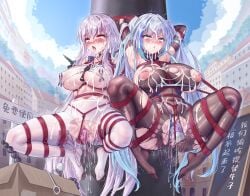 2girls anal_beads aperture arms_behind_back bdsm blindfold blue_hair blue_shoes blush bodystocking bondage bound bound_arms bound_legs bound_wrists box breasts bukkake cardboard_box censored commentary_request cum cum_on_body cum_on_breasts cum_on_hair dildo facial full-face_blush gag green_eyes high_heels highres hitachi_magic_wand inverted_nipples large_breasts large_variant_set long_hair looking_at_viewer mitscher_(warship_girls_r) mosaic_censoring multiple_girls nipple_clamps nipples no_shoes object_insertion open_mouth outdoors pantyhose pink_hair pussy_juice red_eyes red_rope remote_control_vibrator restrained rope sex_toy shibari shibari_over_clothes shoes spread_legs spread_pussy stiletto_heels thighhighs torn_bodystocking torn_clothes torn_pantyhose translation_request u96_(warship_girls_r) vaginal vaginal_object_insertion variant_set very_long_hair vibrator warship_girls_r white_pantyhose white_thighhighs wiffle_gag