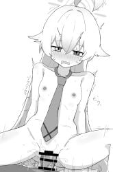 1boy 1girl absurdres ahoge bar_censor blue_archive blush breasts censored commentary_request cowgirl_position greyscale hair_between_eyes halo hetero highres hoshino_(blue_archive) long_hair monochrome necktie nipples nude open_mouth penis pov sex simple_background small_breasts solo_focus straddling tears vaginal weiveyesdrib white_background