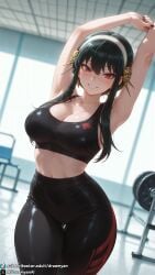 1girls ai_generated arms_up bare_arms bare_shoulders big_breasts black_hair breasts crop_top curvy curvy_body curvy_female dreamyan_ai female female_focus female_only gym gym_clothes gym_clothing hi_res high_quality high_resolution highres huge_breasts large_breasts leggings legwear looking_at_viewer red_eyes seductive seductive_eyes seductive_look seductive_mouth seductive_pose seductive_smile short_hair short_hair_with_long_locks sidelocks smile smiling solo solo_female solo_focus sports_bra sportswear spy_x_family stretching tank_top thick_ass thick_thighs thighs uncensored yor_briar yor_forger