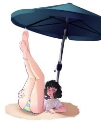 annoyed ass_visible_through_thighs beach bikini_bottom blush feet feet_up large_ass legs_up lying_on_back official_alternate_costume on_back persona persona_5 sadayo_kawakami soles swimsuit thick_thighs toes unamused wide_hips