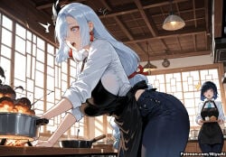 ai_assisted ai_generated alternate_costume apron bangs black_hair blue_eyes blush breasts cooking curvaceous curvy curvy_female curvy_figure denim dress_shirt earrings female genshin_impact hair_ornament hair_over_one_eye hair_ribbon indoors jewelry kitchen large_breasts long_hair looking_at_viewer miyuai multicolored_hair multiple_girls open_mouth pants ribbon shenhe_(genshin_impact) shirt silver_hair sleeves_rolled_up thick thick_ass thick_butt thick_hips thick_legs thick_thighs very_long_hair voluptuous voluptuous_female white_shirt wide_hips wide_thighs window yelan_(genshin_impact)