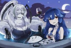 2girls antennae arthropod_girl bao_(vtuber) big_breasts black_one-piece_swimsuit black_sclera black_tongue blue_hair breasts cleavage colored_sclera colored_skin crescent_moon cup dress drinking_glass extra_arms female green_eyes green_hair grey_dress hair_over_one_eye haraya_manawari indie_virtual_youtuber insect_girl juniper_actias large_breasts long_hair looking_at_viewer medium_breasts monster_girl moon moth_antennae moth_girl moth_hair_ornament multiple_girls neck_fur night one-piece_swimsuit open_mouth outdoors ponytail pool red_eyes swimsuit tits virtual_youtuber vtuber whale_girl white_fur white_hair white_skin wine_glass
