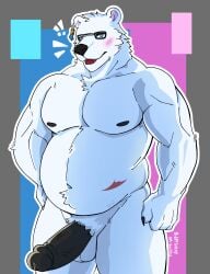 absurd_res anthro balls bear belly biceps big_penis black_nipples black_nose black_penis blue_eyes blush bodily_fluids definitely_not_volress ear_piercing erection eyewear fur genital_fluids genitals glans glasses half-erect half-length_portrait hi_res humanoid_genitalia humanoid_penis male mammal middle_aged musclegut muscular muscular_male nipples open_mouth penis piercing polar_bear portrait precum scar solo ursine vein veiny_penis white_body white_fur yorick_sidorov