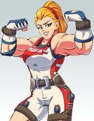 1girls 2d abs alternate_hairstyle areolae armpits belt biceps blizzard_entertainment blonde_hair breasts champion_zarya female female_only fingerless_gloves flexing front_view fully_clothed gloves gradient_background green_eyes hairband human large_breasts lewdamone lipstick long_hair looking_at_viewer muscles muscular_female overwatch ponytail red_lipstick shiny_skin simple_background smile solo sweat zarya