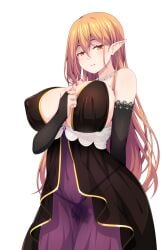 1girl babydoll black_babydoll blonde_hair blonde_pubic_hair breasts cage_unlimited closed_mouth covered_nipples crossed_bangs dress elbow_gloves elf female_pubic_hair gloves highres large_breasts long_hair looking_at_viewer midriff navel original pointy_ears priestess pubic_hair pussy see-through_clothes see-through_dress sideboob tachi-e transparent_background voice_drama_available yellow_eyes