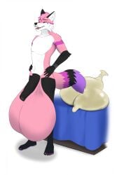 after_vore anthro aramisstargazer black_penis canid canine cock_vore condom condom_disposal filled_condom fox fur genitals hi_res hyper male mammal penile penis pink_body pink_fur sexual_barrier_device solo todderz_(character) vore white_body white_fur