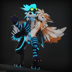 1:1 3d_(artwork) absurd_res anal anthro avali avian blender_(artwork) clothing collar digital_media_(artwork) draggy_(draggysmut) duo eyewear eyewear_on_head feathers genitals glowing goggles goggles_on_head half_naked hi_res jacket kerchief kodai_(locoroo) legwear locoroo male male/male penetration penis sex simple_background standing standing_sex tapering_penis thigh_highs topwear