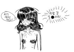 1girls black_and_white black_hair censored censored_nipples cum cum_on_body cum_on_face cummed_on danganronpa_another fanganronpa female female_only flat_chest flat_chested korean korean_text kurokawa_mikako only_female sketch skinny skinny_female solo solo_female