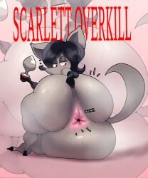 anal_wink anthro anus big_butt black_hair butt buttplug canid canine canis clothing crowundeadcat despicable_me female footwear grey_body hair hi_res huge_butt illumination_entertainment mammal plug_(sex_toy) scarlet_overkill sex_toy shoes solo spread_butt spreading thick_thighs wolf