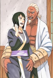 1boy 1girls ai_generated before_sex breasts clothing curvaceous dark-skinned_male dark_skin flirting groping height_difference interracial kimono larger_male light-skinned_female light_skin manga_style masashi_kishimoto_style medium_breasts naruto_(series) naruto_shippuden nervous nipples raikage seducing shizune size_difference smaller_female upper_body voluptuous
