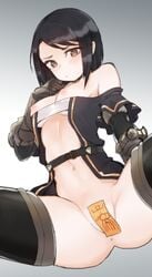 anus ass black_hair blush breasts brown_eyes female gloves hand_on_own_chest jorin labia looking_at_viewer medium_breasts navel nipples short_hair spread_legs thighs