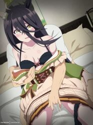 1boy 1girl absurdres ahoge animal_ears bed behind_another black_bra black_hair bra breasts censored collarbone earrings eufoniuz fingering green_kimono hetero highres horse_ears horse_girl japanese_clothes jewelry kimono long_hair long_sleeves manhattan_cafe_(umamusume) manhattan_cafe_(verdant_night)_(umamusume) mosaic_censoring pillow pussy_juice shirt short_sleeves single_earring small_breasts umamusume underwear white_shirt yellow_eyes