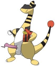alpha_channel ampharos animal_genitalia animal_penis anonymous_artist balls bodily_fluids clothing digital_media_(artwork) erection generation_2_pokemon genital_fluids genitals jacket male mammal nintendo penis pokemon pokemon_(species) presenting solo tail topwear
