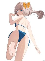 1girl 1girls absurdres ass back bikini blonde_hair blue_bikini blue_eyes bow breasts butt feet female hair_bow highres looking_back marimari_en orange_bow phase_connect short_eyebrows side_ponytail small_breasts solo swimsuit virtual_youtuber vtuber white_background x_xith_x