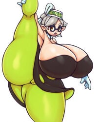 2021 animal_humanoid aquatic aquatic_humanoid big_breasts big_butt black_clothing black_dress black_mouth bottomwear breasts butt camel_toe cephalopod cephalopod_humanoid clothing colored digital_media_(artwork) dress ear_piercing eyebrows female flexible genitals gloves green_bottomwear green_clothing green_hat green_headwear green_pants grey_eyebrows grey_hair hair hand_on_leg hand_on_own_leg handwear hat headgear headwear hi_res huge_breasts huge_butt huge_thighs humanoid humanoid_pointy_ears inkling looking_at_viewer marie_(splatoon) markings matospectoru mole_(marking) mollusk mollusk_humanoid nintendo one_leg_up open_mouth pants piercing pink_tongue pointy_ears pseudo_hair raised_leg shaded simple_background solo splatoon splits spread_legs spreading standing tan_body tan_ears tan_skin teeth tentacle_hair tentacles thick_thighs tight_clothing tongue vertical_splits vulva white_background white_clothing white_gloves white_handwear yellow_eyes