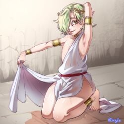 background bangs_over_eyes bulge elf elf_ears elf_femboy elsvime femboy full_body fully_clothed gold_eyes greek_clothing greek_mythology green_hair selehyme_(artist) sexy_pose soaked soaked_clothes thick_thighs white_skin