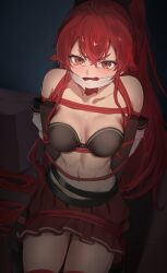 1girl absurdres arms_behind_back black_bra bound bra breasts clenched_teeth cloth_gag collarbone commentary eris_greyrat gag gagged highres improvised_gag long_hair looking_at_viewer medium_breasts mushoku_tensei navel open_mouth pleated_skirt ponytail red_eyes red_hair restrained sitting skindentation skirt solo stomach sweat teeth tetsuffy_(tetsulul) underwear very_long_hair