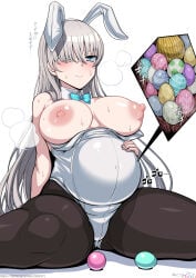 1girl anastasia_(fate) animal_ears big_belly blue_eyes blush bow bowtie breasts breasts_out brown_pantyhose cameltoe commentary_request covered_navel cross-section detached_collar easter_egg egg fake_animal_ears fate/grand_order fate_(series) hair_over_one_eye hairband highleg highleg_leotard highres large_breasts leotard long_hair looking_at_viewer nipples object_insertion pantyhose playboy_bunny pussy rabbit_ears sekai_saisoku_no_panda sitting solo spread_legs thighs vaginal vaginal_object_insertion white_hair white_leotard