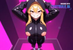1girl absurd_res ai_assisted ai_generated black_clothing black_leggings blonde_hair brown_eyes devious_grin first_person_perspective hands_above_head hard_nipples hood_up large_breasts long_hair lustful perfect_ass posing_for_viewer seductive standing tight_clothing white_socks