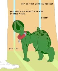 absurd_res breed chapaevv collar demogorgon english_text feral genitals green_body green_penis hi_res male penis rescue solo stranger_things tail tapering_penis text what