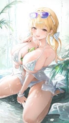 1girl absurdres bikini blonde_hair breasts brown_eyes cleavage commentary_request eyewear_on_head goddess_of_victory:_nikke hair_ribbon haruri high_heels highres huge_breasts iguana kneeling large_breasts long_hair looking_at_viewer official_alternate_costume ribbon sarong seiza sitting smile solo sunglasses swimsuit tia_(nikke) white_bikini white_ribbon