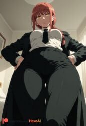 1girl ai_generated artist_name ass_visible_through_thighs black_coat black_jacket black_necktie black_pants braid braided_ponytail breasts business_suit ceiling chainsaw_man closed_mouth coat collared_shirt cowboy_shot formal from_below hand_on_own_hip hands_on_own_hips hexogen high-waist_pants indoors long_coat long_hair long_sleeves looking_at_viewer looking_down makima_(chainsaw_man) medium_breasts necktie office_lady open_clothes open_coat orange_eyes pants patreon_logo patreon_username red_hair ringed_eyes shirt shirt_tucked_in sidelocks smile solo standing suit thigh_gap thighs tile_ceiling white_shirt yellow_eyes