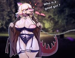 abs absurd_res anthro areola aroused big_areola big_breasts biped blonde_hair blush blush_lines bodily_fluids bone_frill bra breasts brown_clothing brown_coat brown_topwear cavemanon_studios clothed clothing coat collar colored detailed_background dialogue dinosaur dog_tags dripping eddodoodle english_text female fingers frill_(anatomy) front_view garter_belt garter_straps genital_piercing genitals glistening glistening_breasts good_girl hadrosaurid hair heart_symbol hi_res huge_filesize humanoid_genitalia humanoid_hands humanoid_vulva i_wani_hug_that_gator leash leashed_collar lingerie long_hair mia_moretti navel night nipples non-mammal_breasts non-mammal_navel non-mammal_nipples offscreen_character open_clothing open_coat open_mouth open_topwear ornithischian ornithopod outdoor_nudity outline panties pantsless_anthro pantsless_female parasaurolophus park partially_clothed_anthro partially_clothed_female piercing pink_body plant portrait praise prehistoric_species purple_bra purple_clothing purple_panties purple_underwear reptile ring_piercing saliva saliva_drip saliva_on_tongue scalie shaded shelf_bra shirtless_anthro shirtless_female skimpy solo spiked_tail spikes spikes_(anatomy) standing tail talking_to_another text thick_thighs three-quarter_portrait tongue tongue_out topwear tree underwear vulva vulva_piercing vulva_ring white_outline