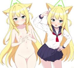 >:( 1girl absurdres animal_ear_fluff animal_ears arm_up black_choker black_sailor_collar black_skirt blonde_hair blue_archive blush breasts choker cleft_of_venus closed_mouth collarbone commentary completely_nude cowboy_shot fang fox_ears fox_girl frown green_eyes green_halo groin hair_between_eyes hairclip_(user_rasc5457) halo hand_on_own_hip highres kurumi_(blue_archive) long_hair long_sleeves looking_at_viewer miniskirt multiple_views navel neckerchief nipples nude open_mouth pleated_skirt pussy red_neckerchief sailor_collar school_uniform serafuku shirt sidelocks simple_background skin_fang skirt small_breasts smile split_mouth stomach straight_hair triangle_halo two_side_up uncensored v-shaped_eyebrows very_long_hair white_background white_shirt