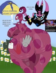 anthro backyardigans beerus big_breasts big_butt breasts butt butt_slap dragon_ball dragon_ball_super english_text felid feline female genitals group hi_res huge_butt mammal meme pablo_(backyardigans) pink_body slap spanish_text spank_marks spanked_butt spanking text translated trio uniqua unknown_species vulva wannapossums
