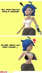 1girl 3d_(artwork) blue_hair bra bra_strap bra_strap_is_showing_(meme) cute_face cute_girl cyborg_girl heart_hair_ornament hot_girl meme rogue sfm showing_tits smg4 smiling source_filmmaker tari_(smg4) tits